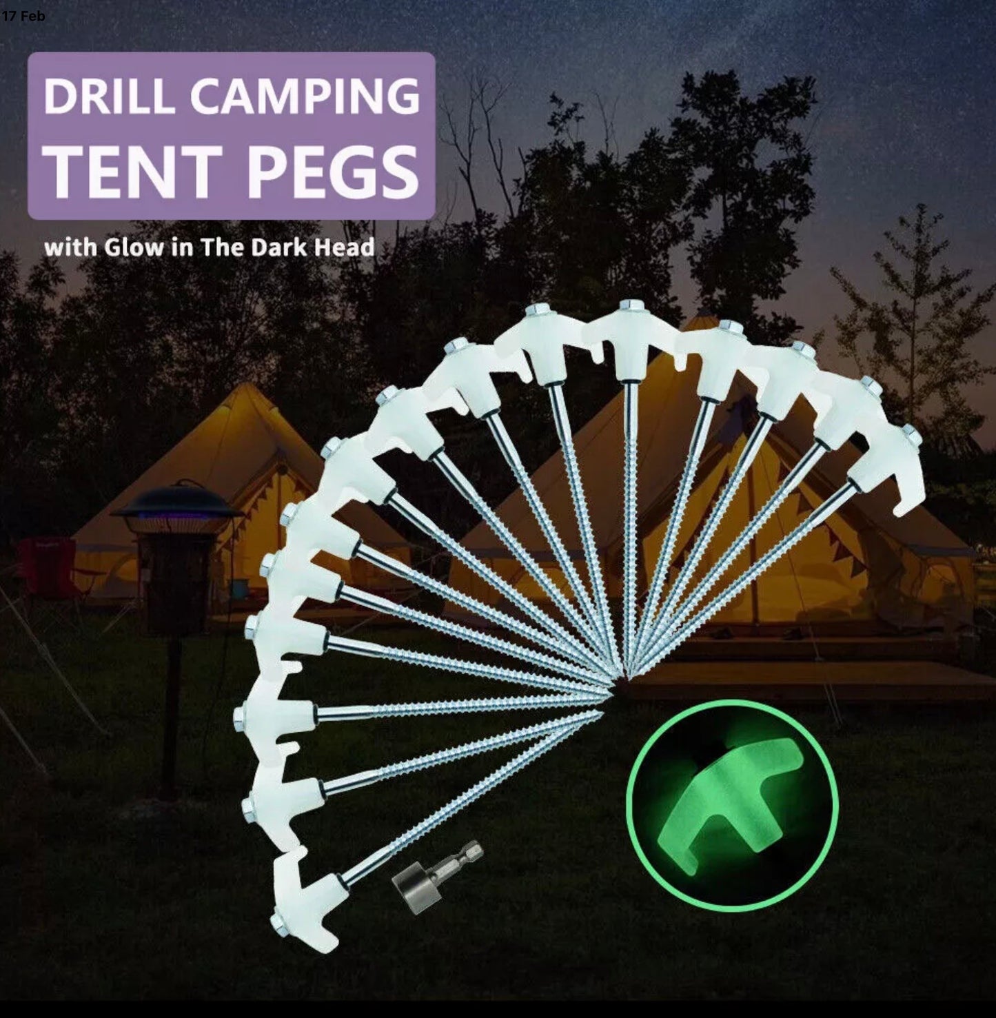 GLOW IN THE DARK CAMPING PEGS IN STURDY QUALITY STORAGE BAG