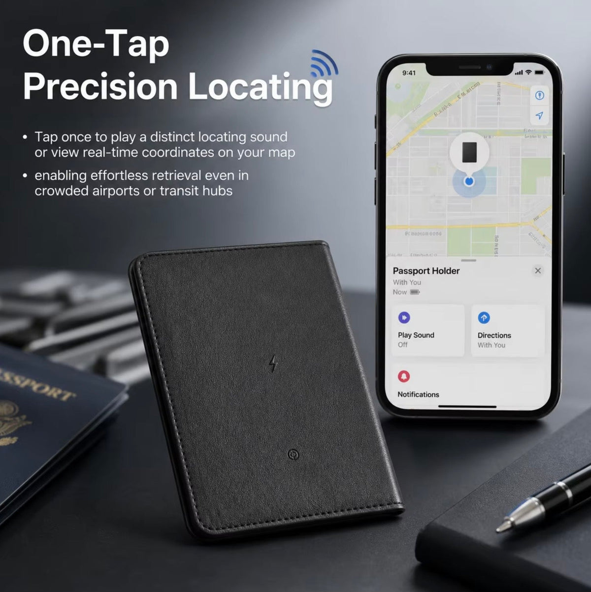TRAVEL PASSPORT WALLET WITH BUILT IN TRACKER