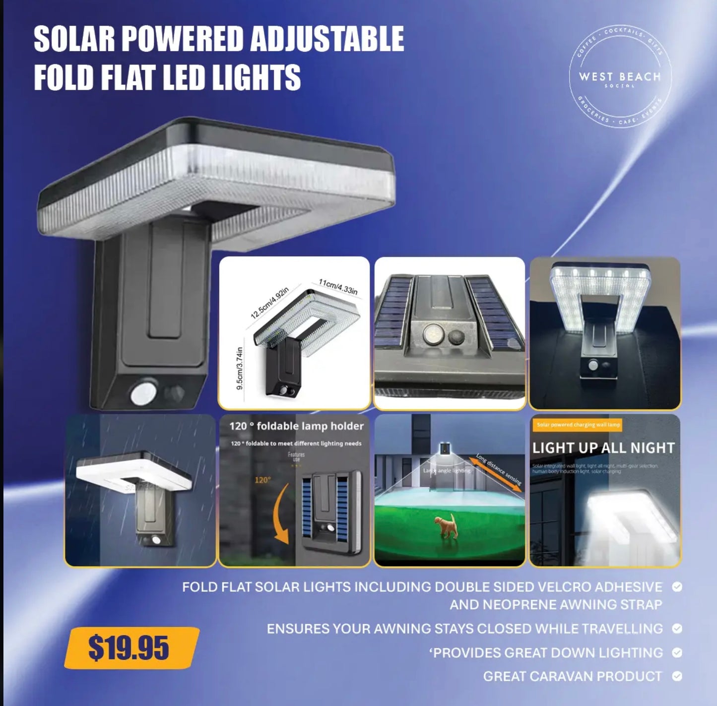 FOLD FLAT 30LED SOLAR LIGHT AND AWNING TIE DOWN STRAP