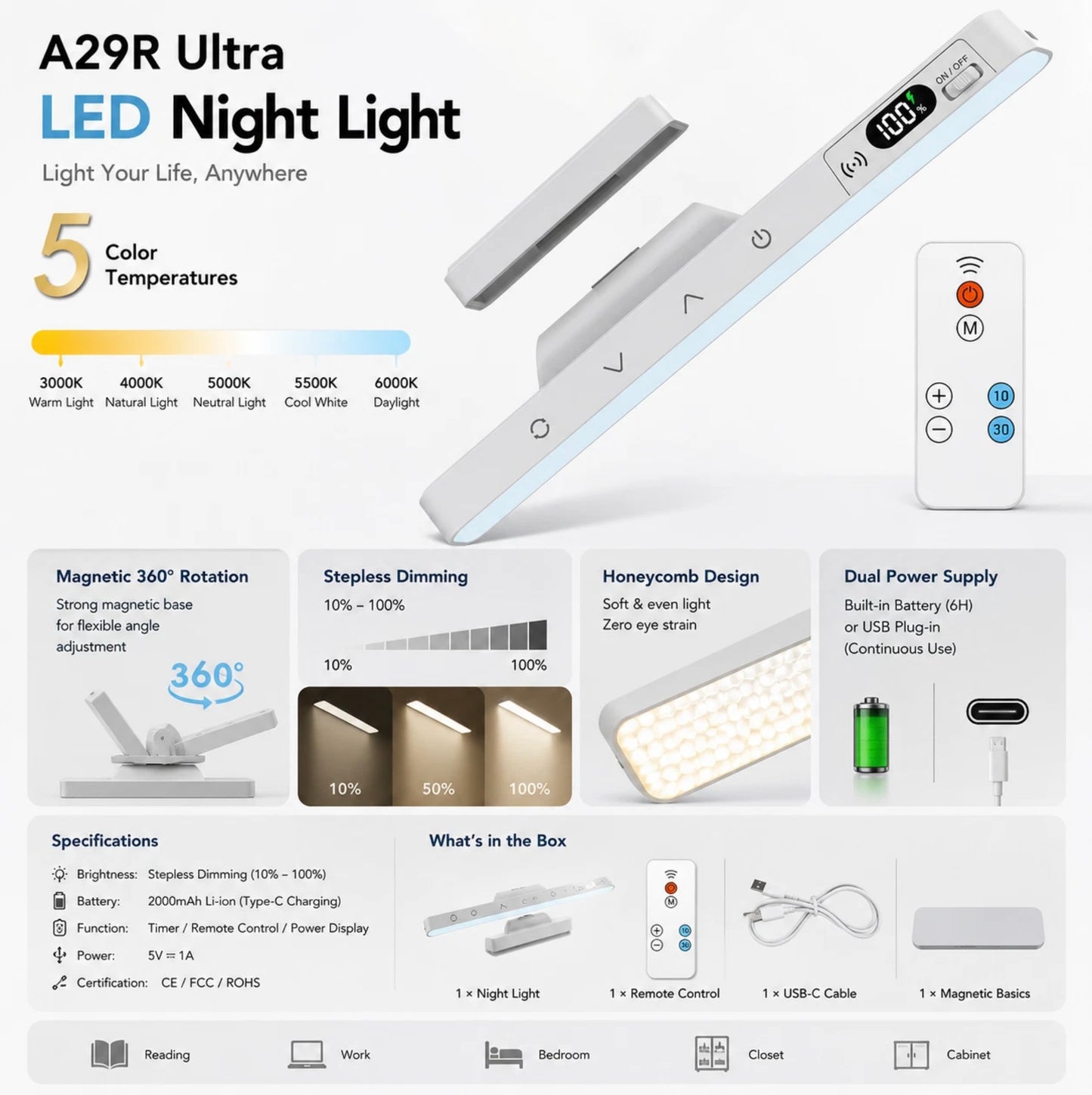 6000K RECHARGEABLE - DIMMABLE REMOTE CONTROL STRIP LIGHT